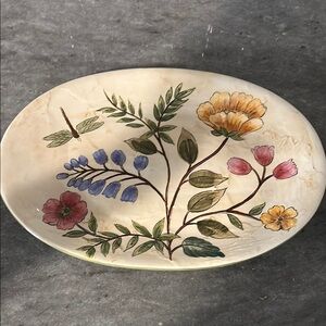 Spring Bloom Cream and Green Ceramic Art Plate with Floral Design hand painted
